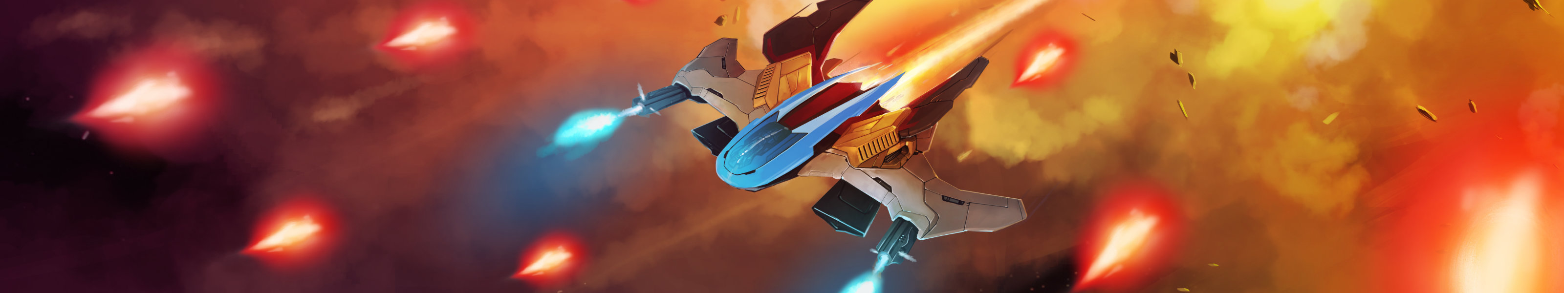 A Phoenix ship flies through enemy projectiles, guns blazing. An explosion is in the background.