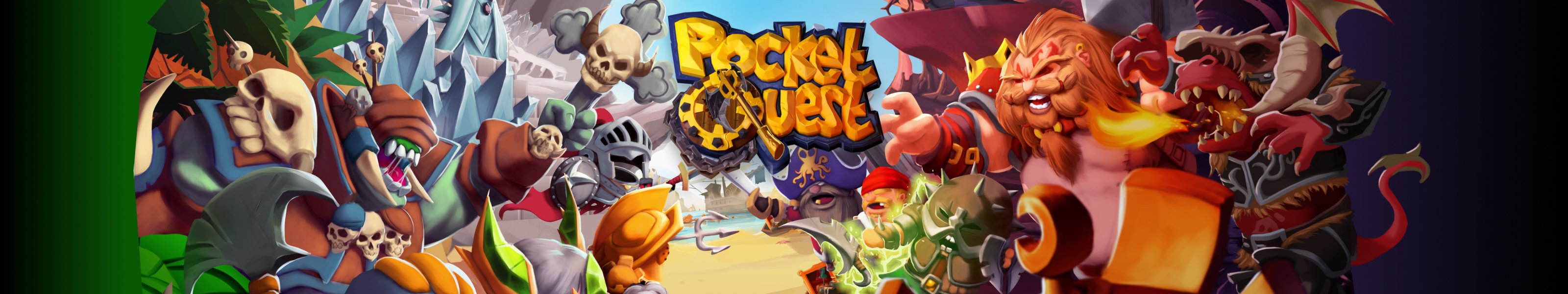 Two teams of heroes & monsters face off against each other. The Pocket Quest logo is in between them.